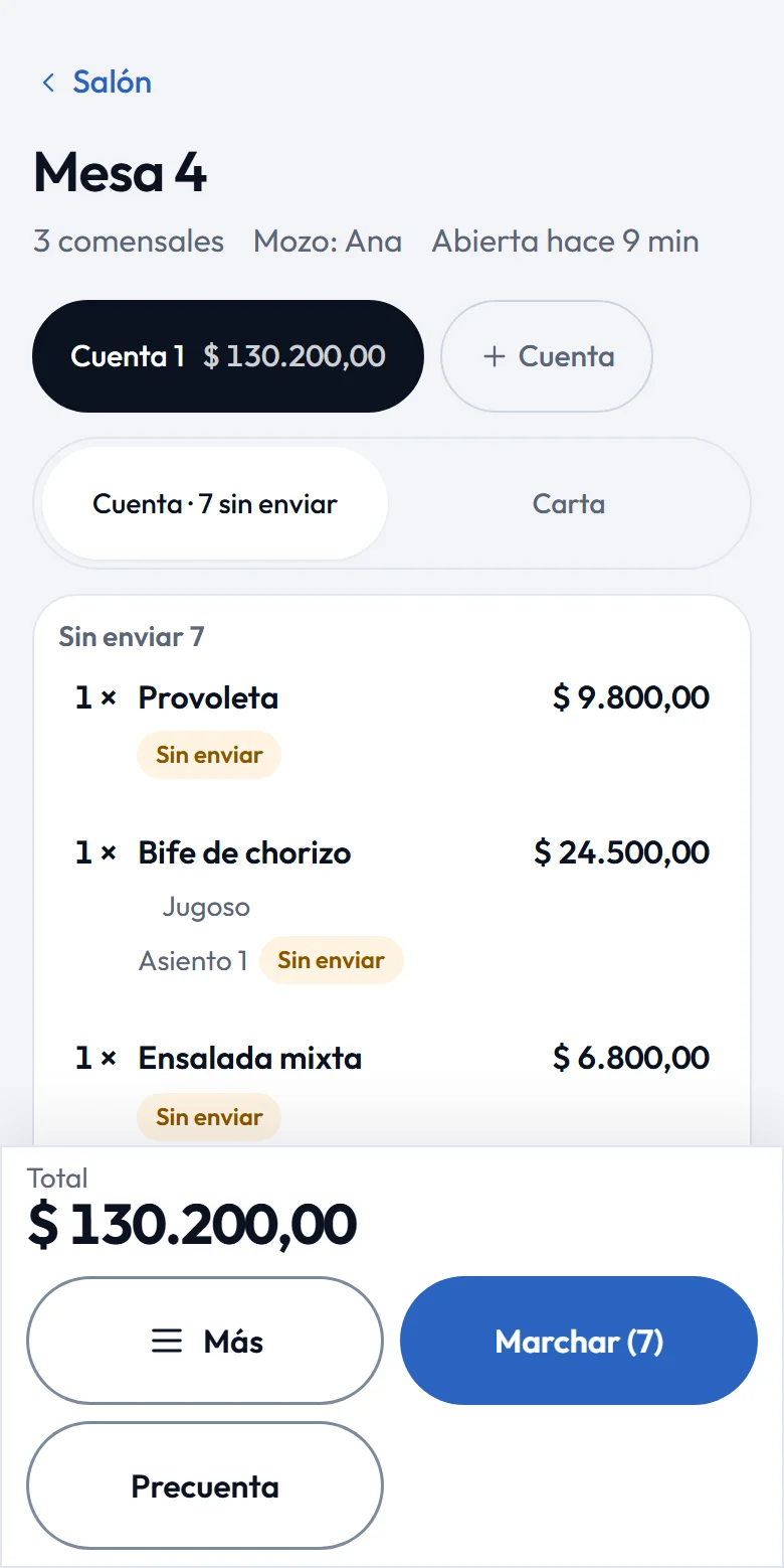 La comandera de Eldir en el celular de la moza: la mesa 4 con tres comensales, los platos sin enviar con el punto de cocción y el asiento, el total y el botón para marchar